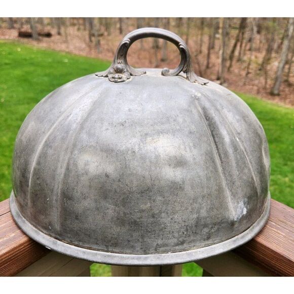 Antique Early Pewter Signed Food Dome Cloche Cover English Grape Leaf Handle - Picture 1 of 10